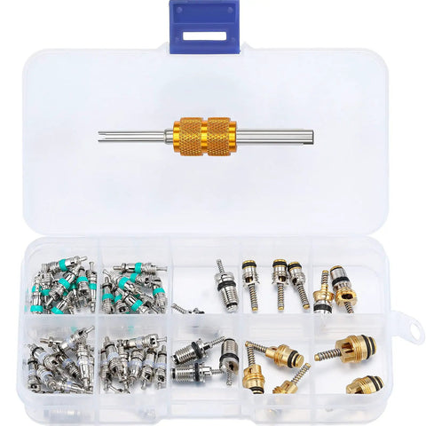 56 Piece R134a R12 AC Valve Core Kit With Quick Remover and Installer Tool in clear plastic storage box