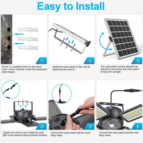 Installation steps for Solar Motion Sensor Shed Light With 4 Heads 144 LEDs 1200 Lumens Outdoor Indoor IP65 Waterproof Remote 5 Lighting Modes