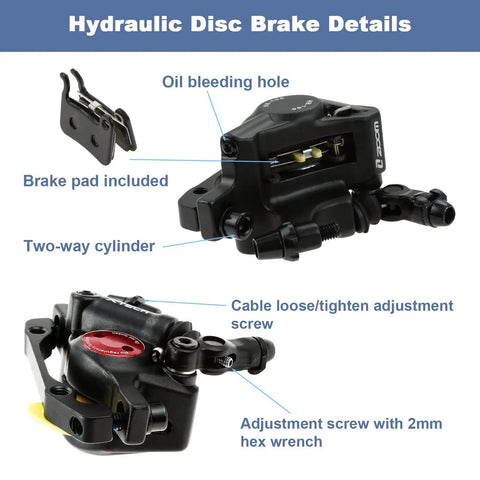 Line Pull Hydraulic Disc Brake Calipers for Mountain Bikes and E Bikes with adjustment screws and oil bleeding hole visible
