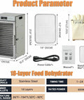 Big Batch 18 Tray Food Dehydrator With Straight Up Precise Temp Control And Adjustable Timer features stainless steel construction and various accessories.