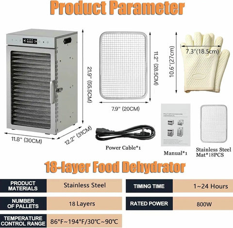 Big Batch 18 Tray Food Dehydrator With Straight Up Precise Temp Control And Adjustable Timer features stainless steel construction and various accessories.