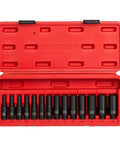 Open red storage case with One Quarter Inch Drive Deep Magnetic Impact Socket Set 14 Piece Metric Cr Mo Alloy Steel