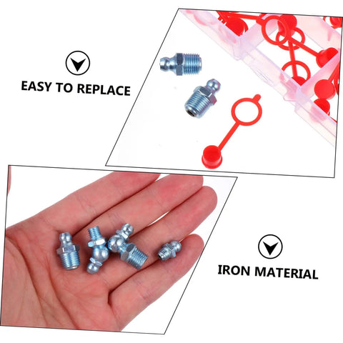 Close-up of iron grease fittings and red caps from 100 Piece Hydraulic Zerk Nipples Fitting Set With Covers For Automotive Use Pro Grade