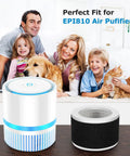 Family with pets and EPI810 air purifier and replacement filter, showcasing Replacement Filter For EPI810 Air Purifier With 3-In-1 HEPA Filtration.