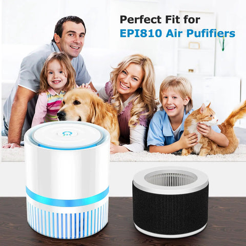 Family with pets and EPI810 air purifier and replacement filter, showcasing Replacement Filter For EPI810 Air Purifier With 3-In-1 HEPA Filtration.