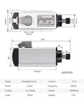 Dimensions and specifications of the 2.2kW CNC Spindle Motor Kit For Router Engraver 110V ER20 High Speed Air Cooled Spindle 0 To 24000 RPM With One Eighth Inch Collet One Quarter Inch Collet One Half Inch Collet VFD Ready Includes 9.8 Ft Four Conductor Cable.