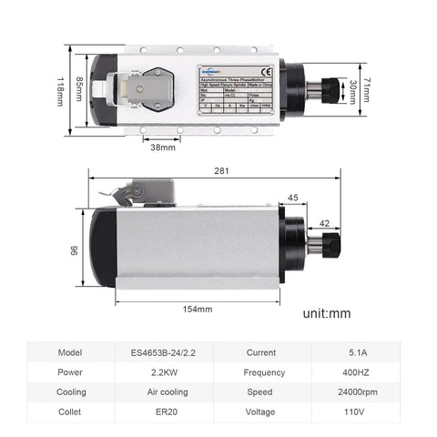 Dimensions and specifications of the 2.2kW CNC Spindle Motor Kit For Router Engraver 110V ER20 High Speed Air Cooled Spindle 0 To 24000 RPM With One Eighth Inch Collet One Quarter Inch Collet One Half Inch Collet VFD Ready Includes 9.8 Ft Four Conductor Cable.