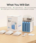 4 In 1 Portable Evaporative Air Cooler With App Control, Rechargeable Mini AC next to packaging and included accessories on table.