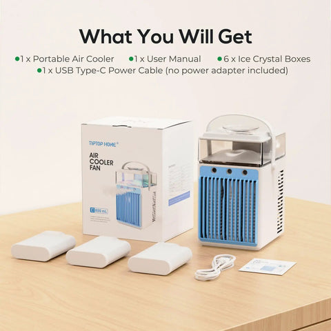 4 In 1 Portable Evaporative Air Cooler With App Control, Rechargeable Mini AC next to packaging and included accessories on table.