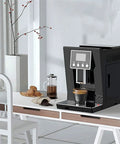 Fully Automatic Coffee Machine With Built In Burr Grinder And Grind And Brew System One Tap Espresso Maker 1200W Power Auto Clean Function For Healthier Brews Black displayed on a kitchen counter.