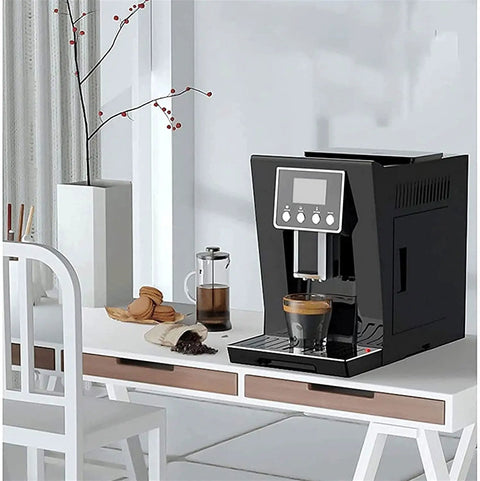 Fully Automatic Coffee Machine With Built In Burr Grinder And Grind And Brew System One Tap Espresso Maker 1200W Power Auto Clean Function For Healthier Brews Black displayed on a kitchen counter.