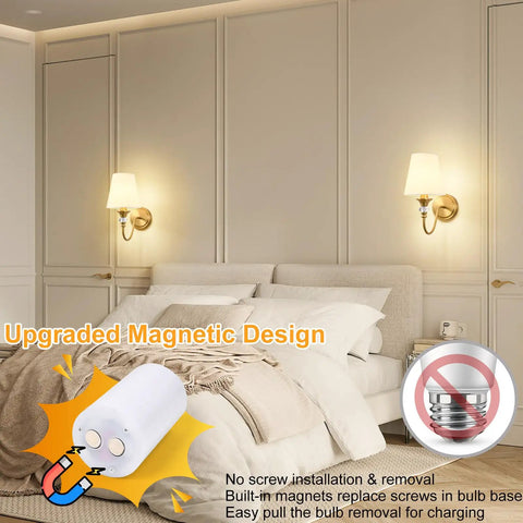Battery Operated Wall Sconces Set of 2,Rechargeable Wireless Wall Sconces with 10000mAh RGB Dimmable Bulb and Remote,15 Colors Cordless Wall Lights for Bedroom,Bathroom,Living Room & Hallway(Gold) with magnetic bulb design in bedroom setting.