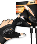 Rechargeable LED Flashlight Gloves For Men And DIY Crew, featuring waterproof lighted hand gear, shown with packaging and USB cables.