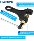 Chain Breaker Tool For 420 428 520 525 528 530 Chains Built For Dirt Bikes ATVs Quads Go Karts Scooters Motorcycles and Bicycles, showing adjustment instructions.