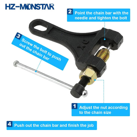 Chain Breaker Tool For 420 428 520 525 528 530 Chains Built For Dirt Bikes ATVs Quads Go Karts Scooters Motorcycles and Bicycles, showing adjustment instructions.
