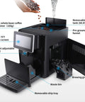Super Fully Automatic Bean To Cup Espresso Coffee Machine With 7 Inch HD Touchscreen And 11 Custom Recipes, showing water tank and bean container.