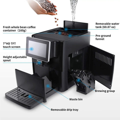 Super Fully Automatic Bean To Cup Espresso Coffee Machine With 7 Inch HD Touchscreen And 11 Custom Recipes, showing water tank and bean container.