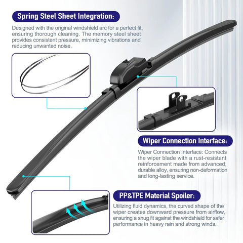 Front Silicone Wiper Blades For Toyota Tundra 2022 2023 2024 2025 showing spring steel integration and wiper connection details.