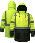 Mens Top Shelf High Visibility Reflective Jacket Waterproof Winter Work Parka built like a tank, shown front and back view.