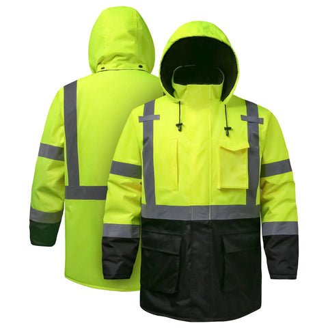 Mens Top Shelf High Visibility Reflective Jacket Waterproof Winter Work Parka built like a tank, shown front and back view.