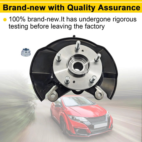 Front Right Passenger Side Steering Knuckle Wheel Hub Bearing Assembly For Honda Civic 1.8L 2012 2013 2014 2015 2016 Ready To Roll Drop In Replacement OE Parts 51211-TR3-Y00 51211-TR0-A00 displayed with quality assurance label