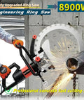 Heavy Duty Concrete Ring Saw Beast With 8900W Motor cutting through metal, featuring titanium blade and water fed dust control.