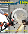 Heavy Duty Electric Concrete Ring Saw With Beefy 8900W Brushless Motor And Knockout Performance For Silky Smooth Granite Cutting And Masonry Slotting At 3300 RPM On 110V Hustle Ready Tool, cutting through metal with sparks.
