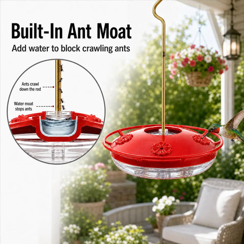 Two Pack 16 Oz Hummingbird Feeders Dish Style Leak Proof With Built In Ant Moat And Bee Proof Feeding Ports hanging outdoors