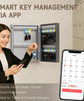 Woman using 32 Key Lock Box Wall Mount Smart Key Cabinet with OTP and Bluetooth, smartphone app open in hand.