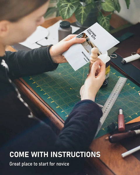 Person using Leather Tooling Kit For Beginners With 458 Pcs Pro Gear Tools And Supplies Plus A Handy Guide And Organizer.