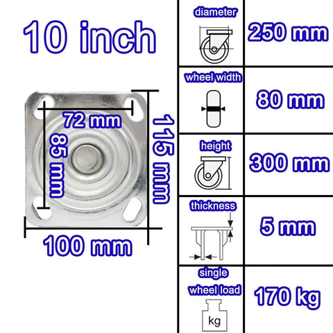Heavy Duty Industrial Caster Wheels With Pneumatic Casters And Top Plate dimensions: 10 inch, 170 kg capacity, 115x100 mm plate.