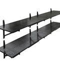 Two Pack 1x6ft Perforated Garage Shelving System With Beefy Duty Wall Shelves 1400 Lbs Total Load 700 Lbs Per Tier Two 1x3 Ft Shelves Per Tier Easy Mount Great For Quick No Nonsense Garage Organization. black perforated steel wall shelves, angled view