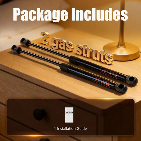Heavy Duty Gas Struts 21.4 Inch 2 Pack 25 Lb Lift Supports For Rv Doors Camper Cabinets Boat Hatches displayed with installation guide.