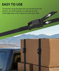 Rock Solid 0.75X48 Inch Cam Buckle Tie Down Straps securing boxes in truck, showcasing easy thread design for secure cargo.