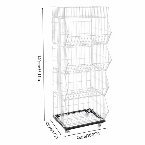 Built Tough Five Tier Rolling Wire Display Rack With Heavy Duty Caster Wheels, Angled Mesh Baskets, And Reinforced Steel Frame Designed To Handle Big Loads Smoothly For Retail Floors, Home Organization, Or Garage Gear In Fresh White