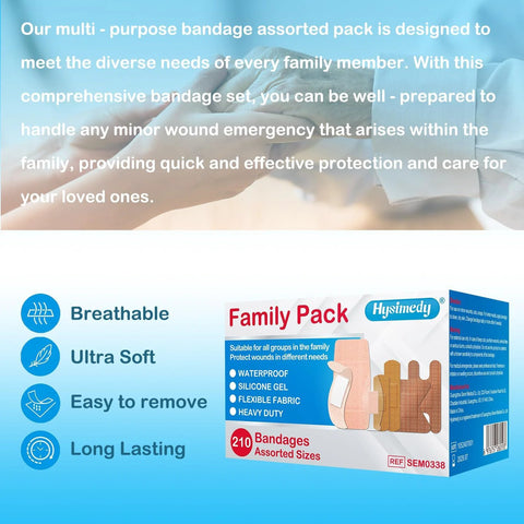 Hysimedy adhesive bandages, 210-count assorted fabric, waterproof and breathable for first aid