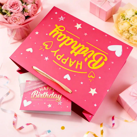 Birthday Gift Bag With Tissue Paper And Greeting Card, 13 Inch Gift Bag With Gold Foil Happy Birthday Design And Ribbon Handles