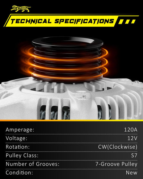 Beefed Up 12V 120 Amp Alternator With 6 Groove Clockwise Pulley technical specifications image