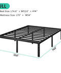 Rock Solid Metal Platform Bed Frame Full Size With Heavy Duty Support Slats No Box Spring Needed Clean Modern Black Finish Extra Tall 14 Inch Profile dimensions showing bed and mattress sizes.