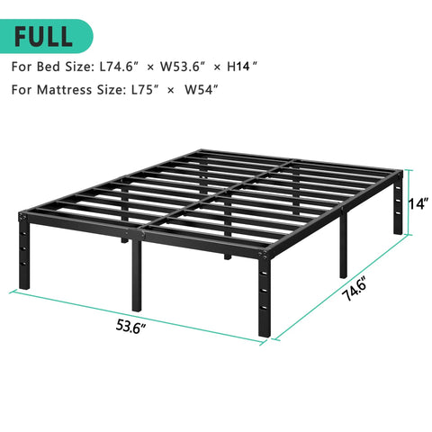 Rock Solid Metal Platform Bed Frame Full Size With Heavy Duty Support Slats No Box Spring Needed Clean Modern Black Finish Extra Tall 14 Inch Profile dimensions showing bed and mattress sizes.