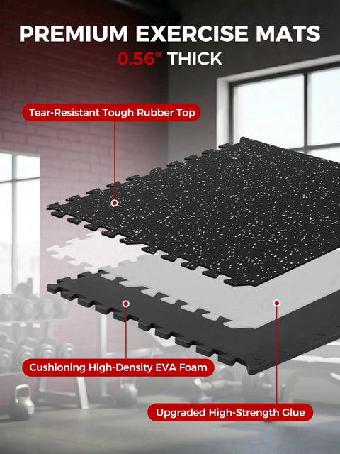 Interlocking Gym Floor Tiles 0.56 Inch Thick, 24 By 24 Inch, 12 Piece Set, EVA Foam Exercise Mats with rubber top, detail view