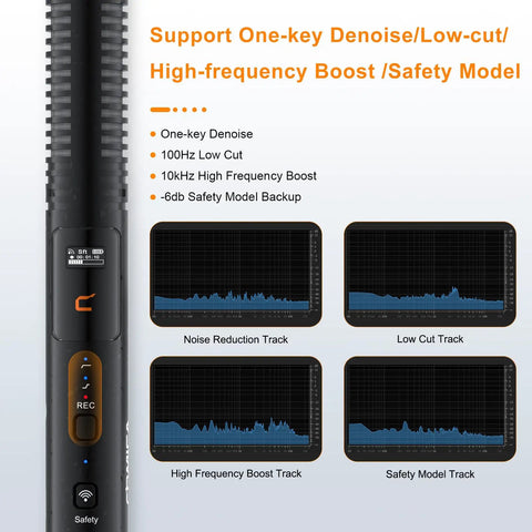 VM40 Your Go-To Dual-Mode Shotgun Microphone with settings display for noise reduction and frequency adjustments.