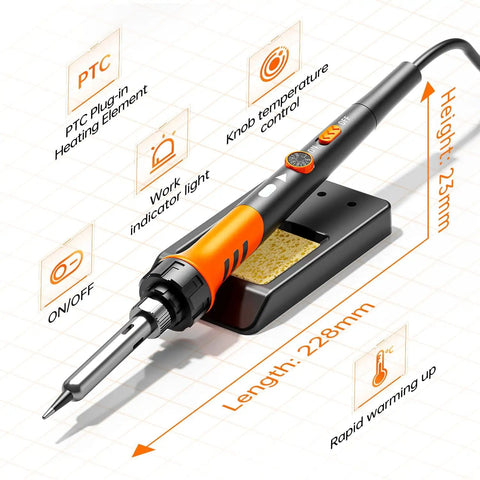 Pro Grade Soldering Kit With 60W Soldering Gun And Ceramic Heater, 12 In 1 Tool Set, showing dimensions and features