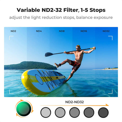 Paddleboarder using Variable ND2-32 Filter for DJI Osmo Action Series, balancing light in sunny outdoor adventure, 1-5 stops.