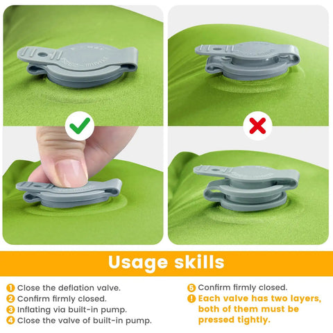 Instructions for using the Ultralight Inflatable Camping Pad With Pillow And Built In Foot Pump, 4 Inch Thick Comfort valve.