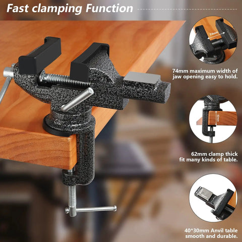 Universal Bench Vise Clamp On Tool With 3.15 Inch Jaw And 360 Degree Swivel Base clamped on wooden table