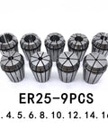 Get Your Hands On This Epic ER25 Morse Taper Collet Chuck Set For CNC Milling Lathes With Super Strong Grip And Rock Solid Stability Covering 1 To 16 Mm Shanks For All Your Serious Machining Needs Today: Set of 9 ER25 collets, sizes 3-16 mm, showcasing strong steel grip for CNC machining.