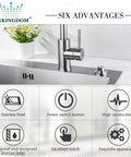 Chrome Long Button Air Switch Kit for Garbage Disposal shown installed on sink top with brass button and stainless steel faucet.
