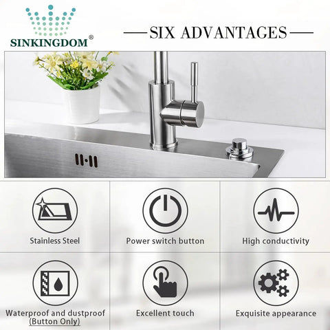 Chrome Long Button Air Switch Kit for Garbage Disposal shown installed on sink top with brass button and stainless steel faucet.