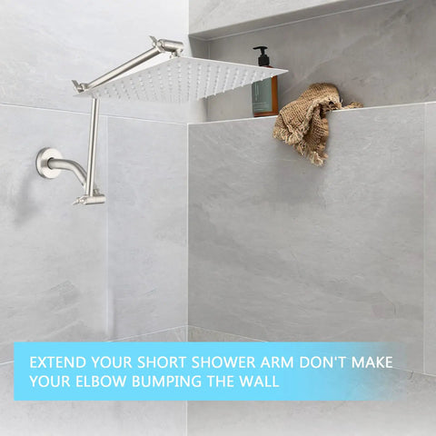 Bathroom scene with 16 Inch Solid Brass Shower Arm Extension For Rain And Handheld Shower Heads With Adjustable Height